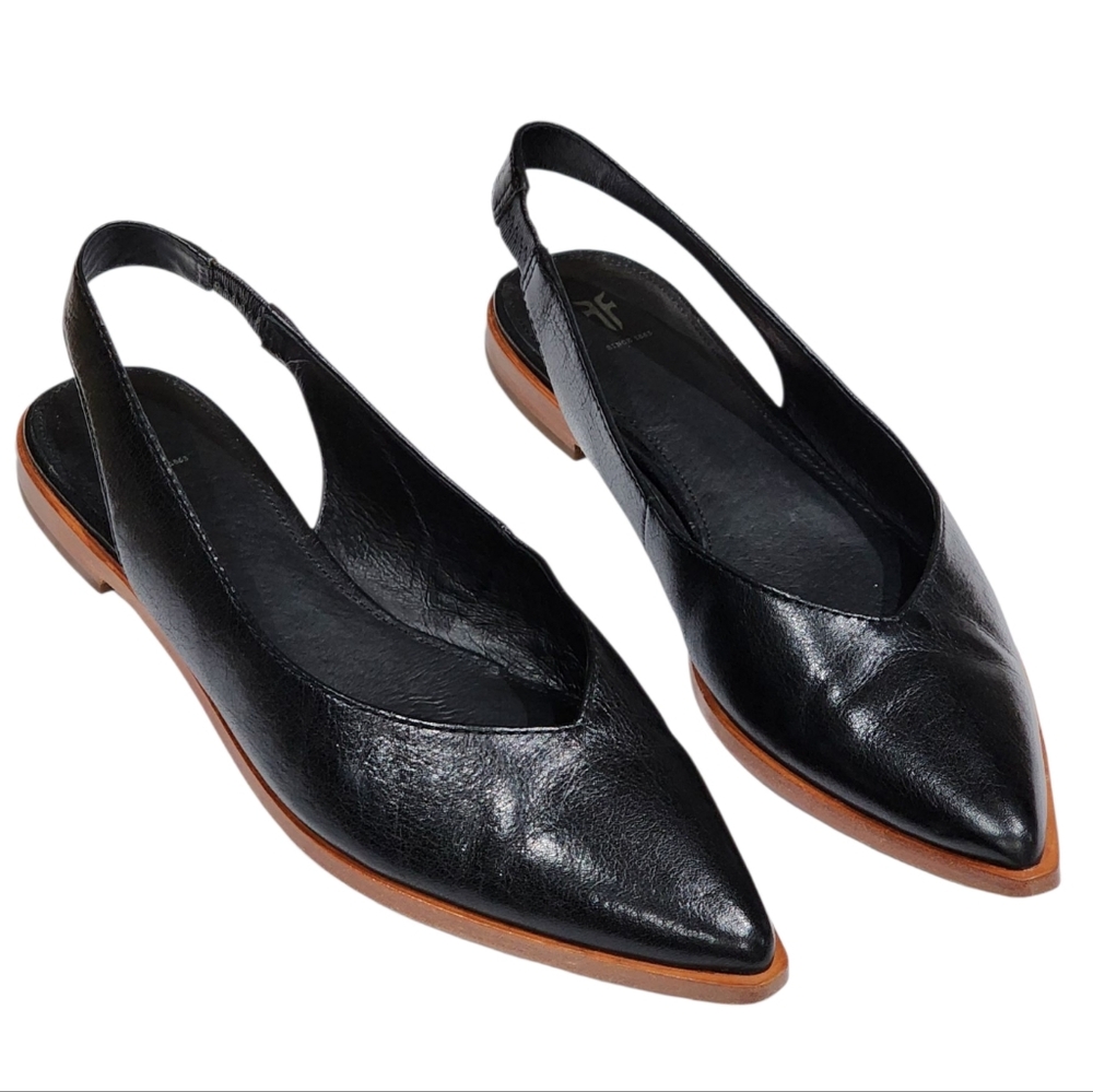 Frye Black Leather Pointed Toe Slingback Flats with Tan Sole